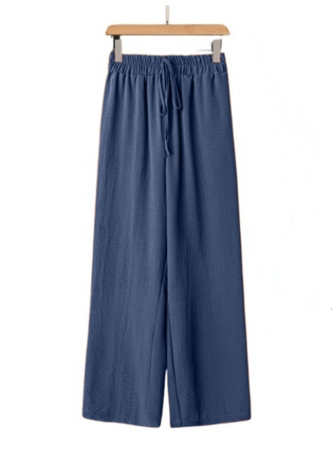 بنطلون نسائي واسع الساقين، بخصر مطاطي ورباط، مقاس حر، مناسب للارتداء اليومي. - Image 1